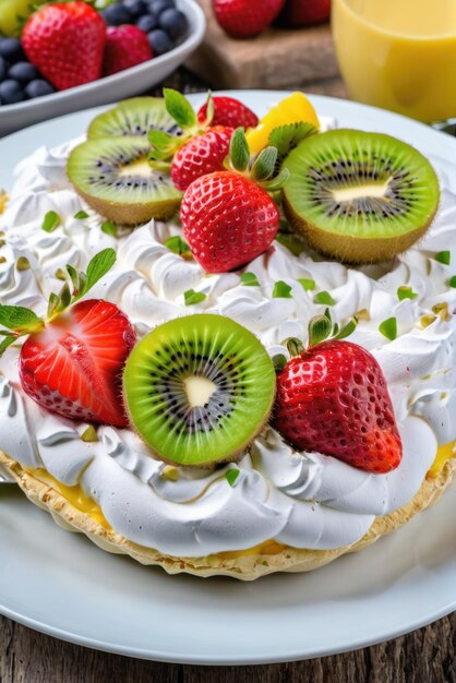 Pavlova Un dessert composé d'une base de meringue surmontée de crème fouettée