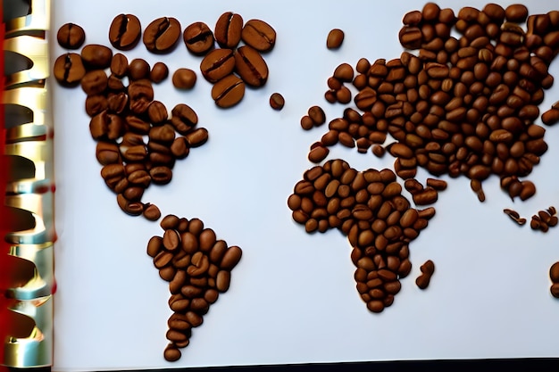 Pays sur un atlas avec des grains de café en haut