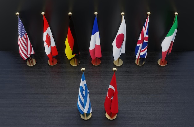 Photo pays du g7 contre la guerre grèce et turquie drapeaux des pays du g7 et drapeau de la grèce et de la turquie arrêtez la guerre