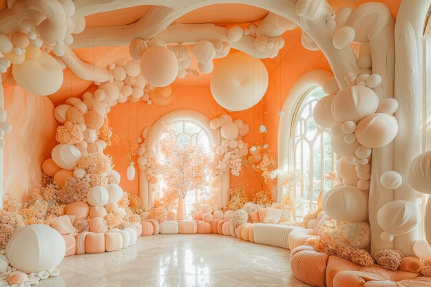 Le pays des merveilles des ballons capricieux Un spectacle époustouflant d'élégance rose-blanc et beige avec des formes volumineuses et des détails luxuriants