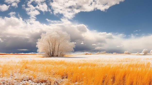 Le pays des merveilles d'hiver avec des champs dorés
