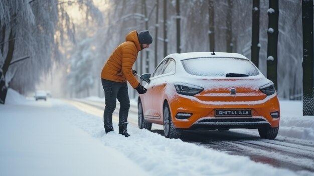 Le pays des merveilles d'hiver Un conducteur se tient fièrement à côté de sa voiture ornée de neige