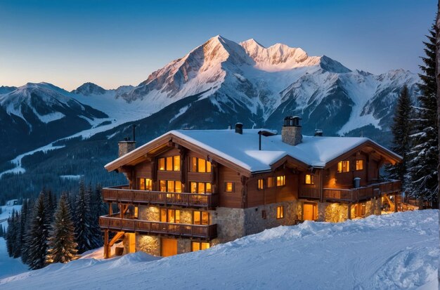 Le pays des merveilles d'hiver dans un chalet de montagne enneigé