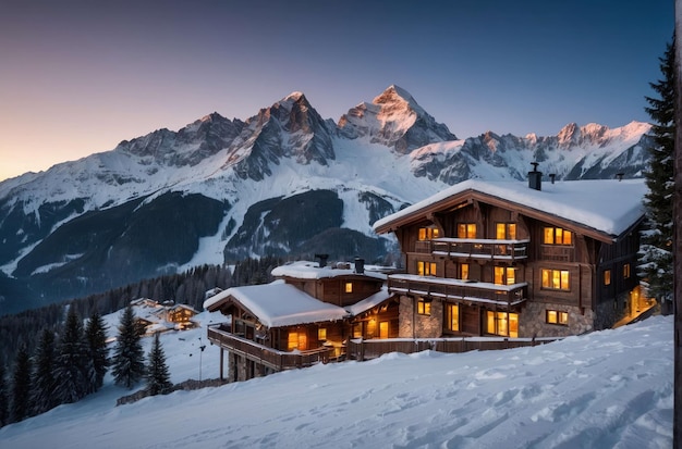 Le pays des merveilles d'hiver dans un chalet de montagne enneigé