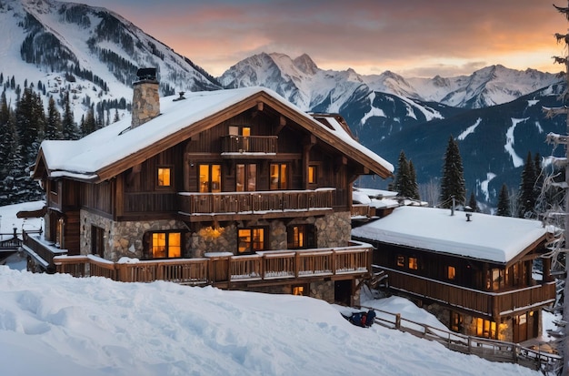 Le pays des merveilles d'hiver dans un chalet de montagne enneigé