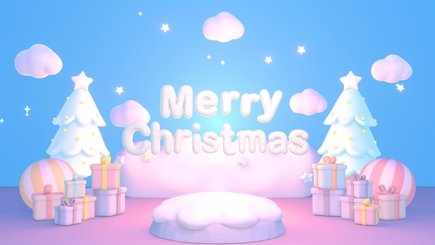 Pays des merveilles d'hiver de dessin animé rendu 3D et un signe de joyeux Noël Carte de voeux de joyeux Noël