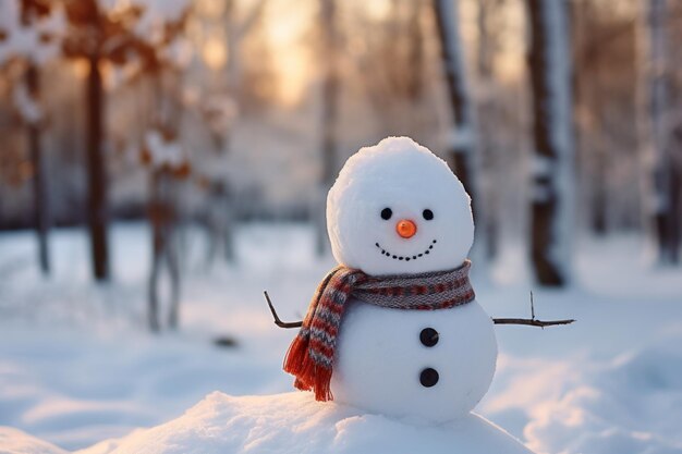 Photo pays des merveilles d'hiver en gros plan d'un mignon bonhomme de neige dans un chapeau et une écharpe entouré d'une forêt enneigée