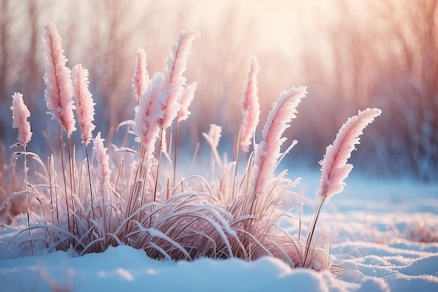 Le pays des merveilles d'hiver, l'herbe moelleuse couverte de neige, les tiges aux tons roses