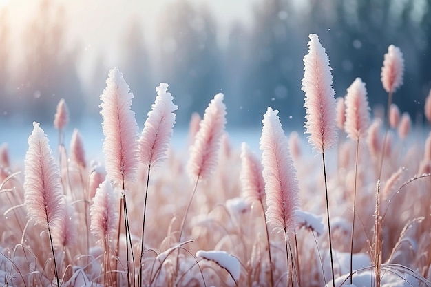Le pays des merveilles d'hiver, l'herbe moelleuse couverte de neige, les tiges aux tons roses