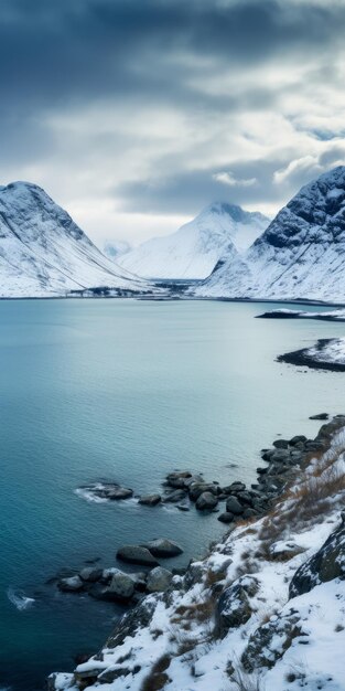 Le pays des merveilles d'hiver Un lac gelé entouré de montagnes couvertes de neige