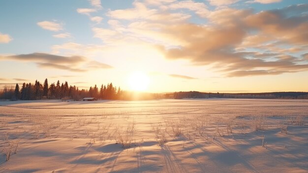 Le pays des merveilles d'hiver Un magnifique coucher de soleil scandinave dans un champ couvert de neige