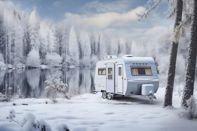 Pays des merveilles d'hiver paysage réaliste de forêt enneigée et lac gelé génératif par Ai