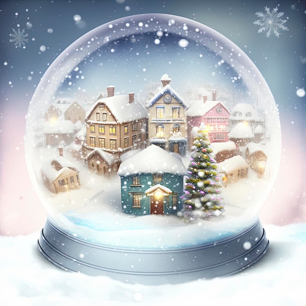 Photo pays des merveilles d'hiver avec petite ville et arbre de noël à l'intérieur d'un globe de neige, neige, festif.