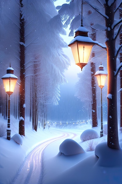 Pays des merveilles hivernal couvert de neige Flocons de neige glacés et lumières de Noël