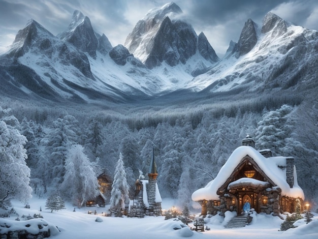 Le pays des merveilles majestueux de l'hiver, les montagnes enchanteuses et la forêt médiévale celtique