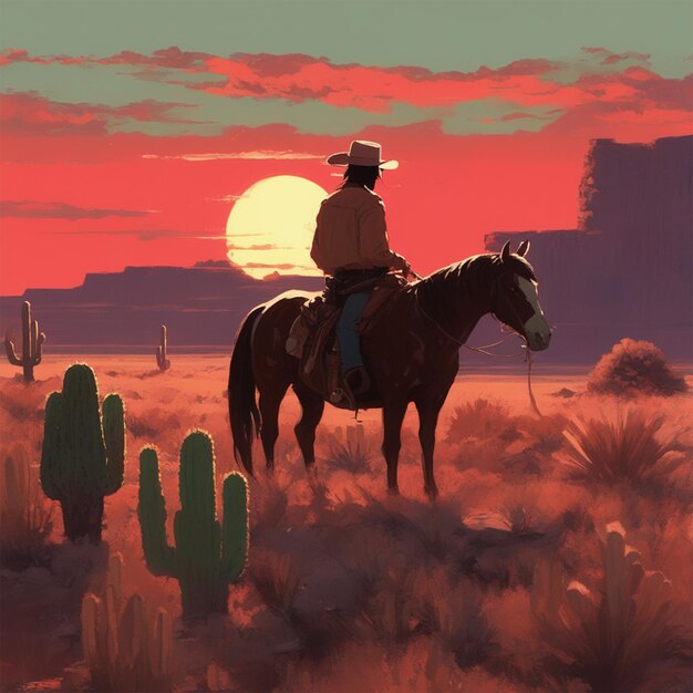 Le pays sauvage, les cow-boys solitaires, les chevaux, les cactus, le ciel rouge et le soleil.