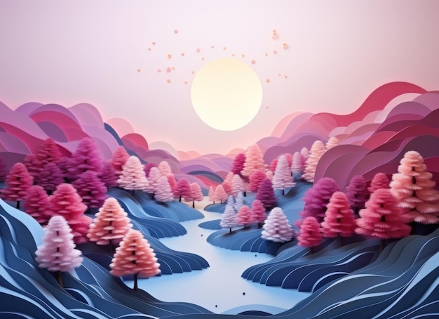 Photo paysage 3d abstrait avec les ombres des arbres roses et bleus