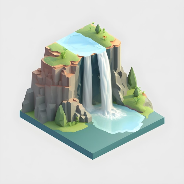 Un paysage 3d avec une cascade et une eau bleue.