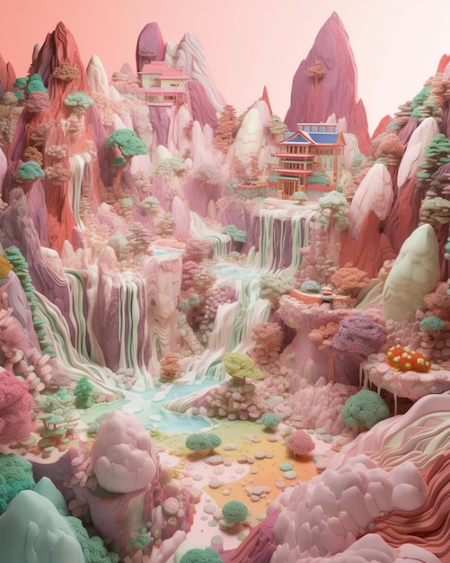 Un paysage 3d avec une cascade et une maison dessus