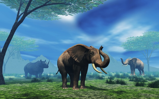 Paysage 3D avec des éléphants et des rhinocéros