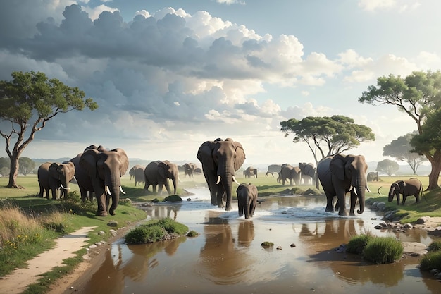 Paysage 3D avec un troupeau d'éléphants