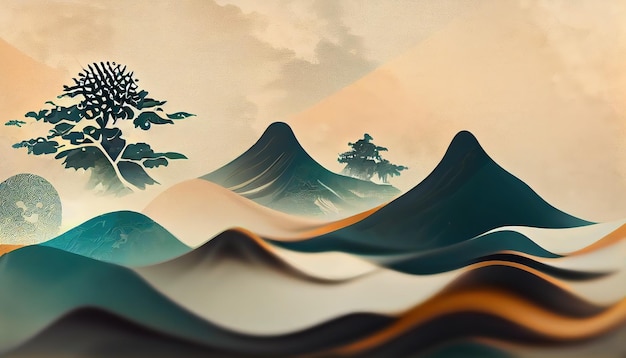Paysage abstrait avec illustration 3d de bannière de motif de vague japonaise