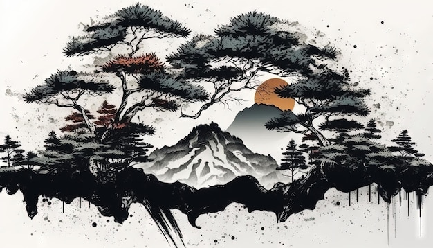 Paysage abstrait avec des montagnes dans le style japonais Generative AI