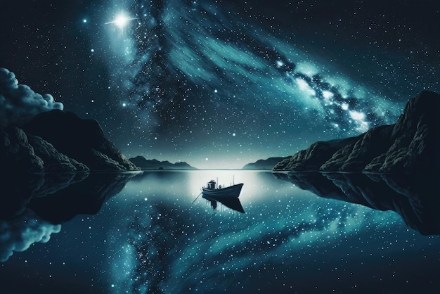 Paysage abstrait de rêve de nuit étoilée avec un bateau sur l'eau et la galaxie la voie lactée