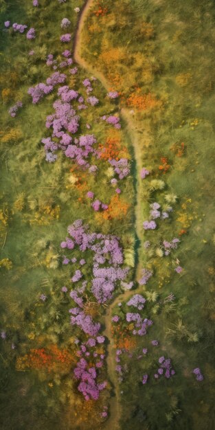 Le paysage aérien tranquille Les fleurs violettes dans l'herbe