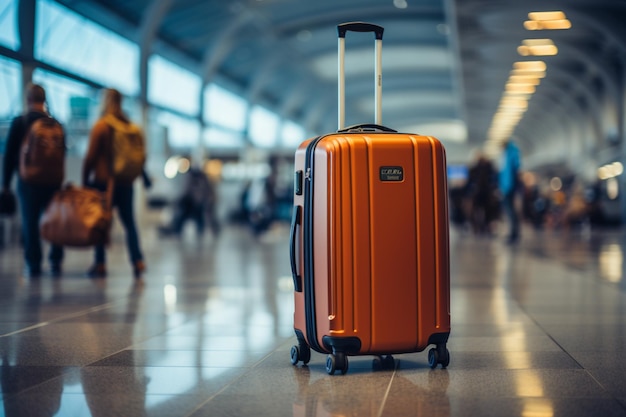Paysage d'aéroport flou avec un sac à bagages encapsulant l'expérience de voyage