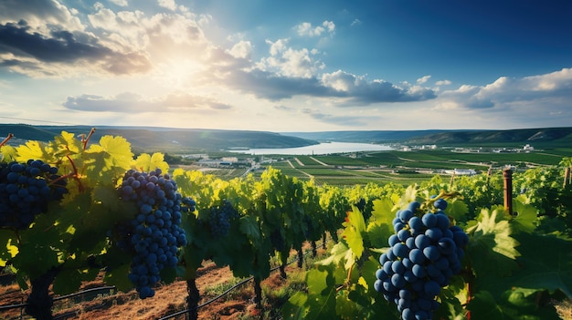 paysage agricole d'été avec des rangées vibrantes de vignes de raisins rouges sous un ciel bleu