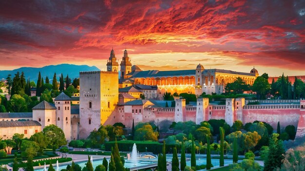 Le paysage de l'Alhambra et de la Grenade au coucher du soleil