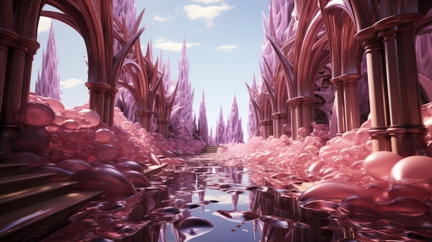 Un paysage alien rose avec une rivière qui le traverse.