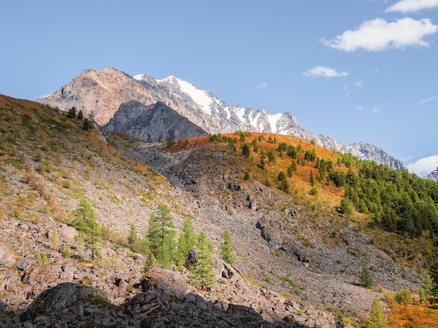 Paysage alpin lumineux en soirée avec un sommet de haute montagne aux couleurs dorées du lever du soleil Paysage de montagne coloré avec des rochers dorés ensoleillés au lever du soleil Doré tôt le matin à très haute altitude