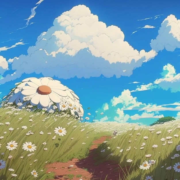 Paysage animé avec un champ de marguerites et un ciel bleu