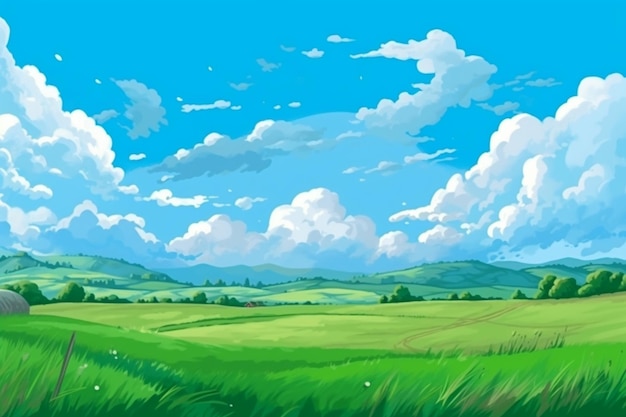 Paysage animé avec un champ et des nuages