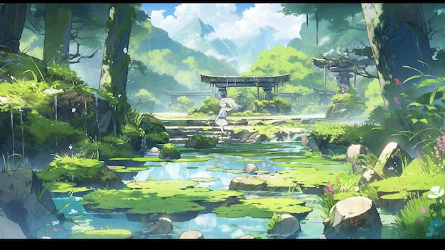 paysage animé d'un étang avec un pont et une pagode en arrière-plan IA générative