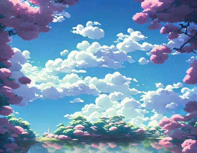 Paysage d'anime naturel avec un ciel lumineux et des couleurs juteuses