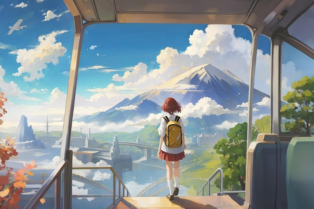 Paysage d'anime d'une personne en voyage