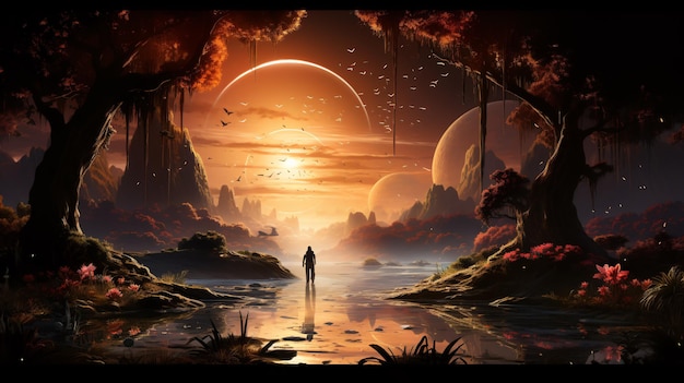 Un paysage apocalyptique fantastique avec des corps cosmiques et un homme solitaire.