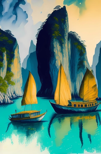 paysage à l'aquarelle de la baie d'Halong Vietnam