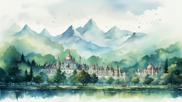paysage aquarelle du lac et des montagnes