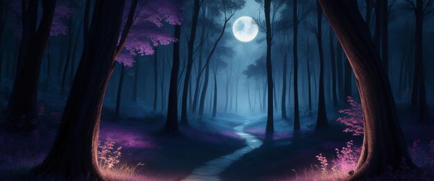 paysage aquarelle enchanté sombre forêt de pins lune fantasy art Fond d'écran