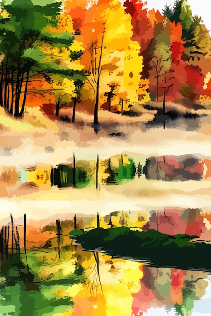 Paysage d'aquarelle Forêt d'automne sur la rive du lac Illustration vectorielle Des arbres d'autumn sur la ride d'une forêt calme Lac ou étang un jour d'hiver ensoleillé