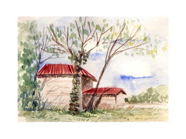 Photo paysage aquarelle illustration paysage avec maison