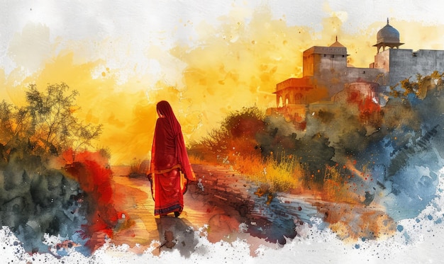 Paysage à l'aquarelle de l'Inde