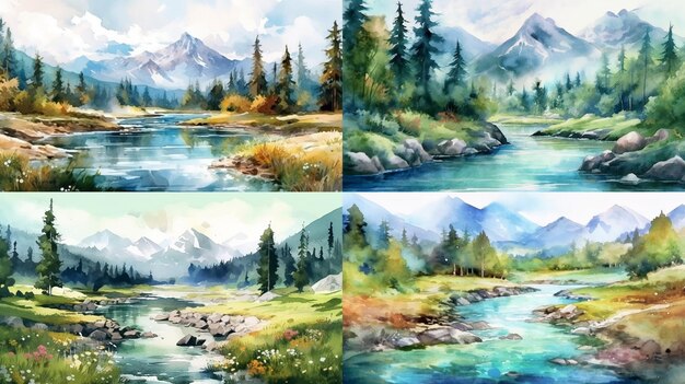 Paysage aquarelle avec montagnes, forêt et rivièreGenerative AI