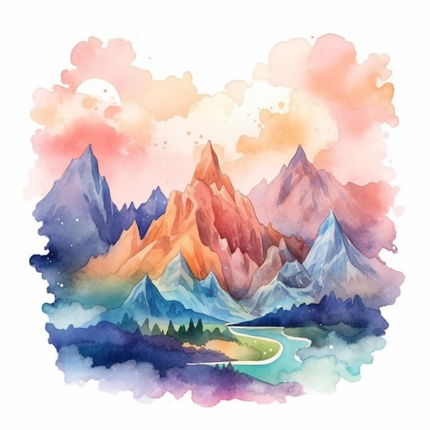 Paysage à l'aquarelle avec des montagnes et une rivière. paysage à l'aquarelle avec des montagnes et une rivière au premier plan. paysage à l'aquarelle avec des montagnes et une rivière dans l'illustration libre de droits