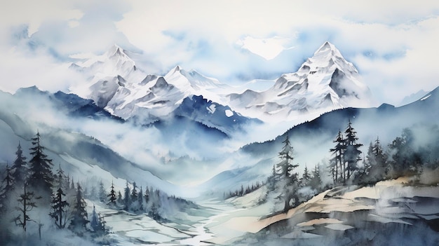 Photo paysage à l'aquarelle avec des montagnes