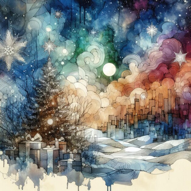 Paysage d'aquarelle de Noël avec une IA générative